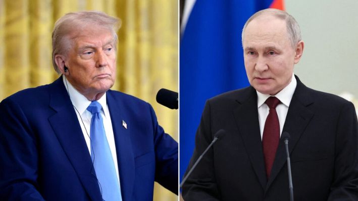 (Izquierda) El presidente de EE. UU., Donald Trump, en el Salón Este de la Casa Blanca en Washington el 24 de febrero de 2025; (Derecha) El presidente ruso, Vladimir Putin, pronuncia un discurso en el Kremlin en Moscú el 23 de febrero de 2025. (Chip Somodevilla/Getty Images; Alexander Kazakov/Pool/AFP vía Getty Images)