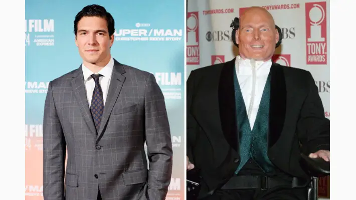 (Izquierda) Will Reeve asiste al estreno en el Reino Unido de "Super/Man: The Christopher Reeve Story" en Londres el 14 de octubre de 2024. (John Phillips/Getty Images para Warner Bros. Pictures); (Derecha) Christopher Reeve entre bastidores en la 57.ª edición de los Premios Tony en Nueva York el 8 de junio de 2003. (Evan Agostini/Getty Images)