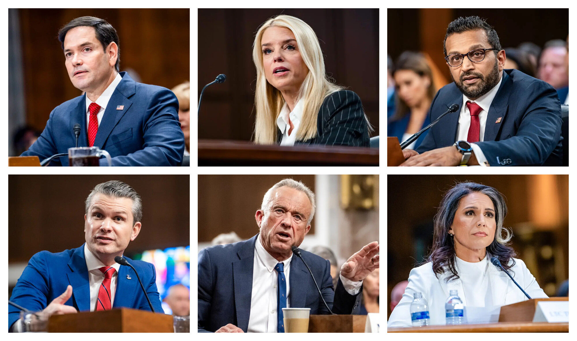 (En el sentido de las agujas del reloj desde arriba, de izquierda a derecha) El candidato a secretario de Estado del presidente electo Donald Trump, Marco Rubio; la candidata a fiscal general, Pamela Bondi; el candidato a director del FBI, Kash Patel; el candidato a secretario de Defensa, Pete Hegseth; el candidato a secretario de Salud y Servicios Humanos, Robert F. Kennedy Jr.; y la candidata a directora de Inteligencia Nacional, Tulsi Gabbard, testifican durante las audiencias en el Capitolio de Washington. (Madalina Vasiliu/The Epoch Times)