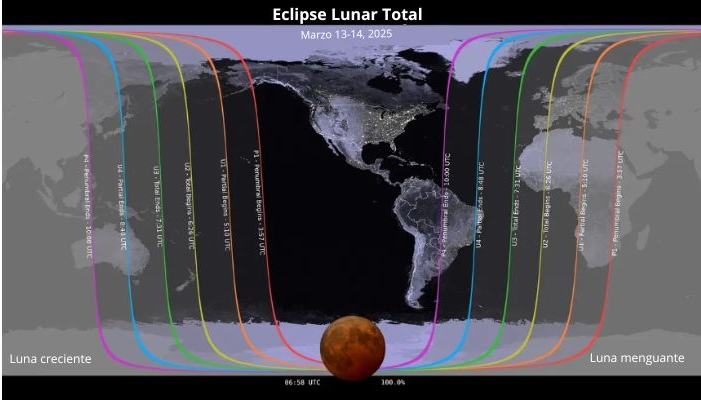 Un mapa muestra dónde será visible el eclipse lunar del 13 y 14 de marzo de 2025. Los contornos marcan el límite de la región de visibilidad en los momentos de contacto del eclipse. (Estudio de visualización científica de la NASA)