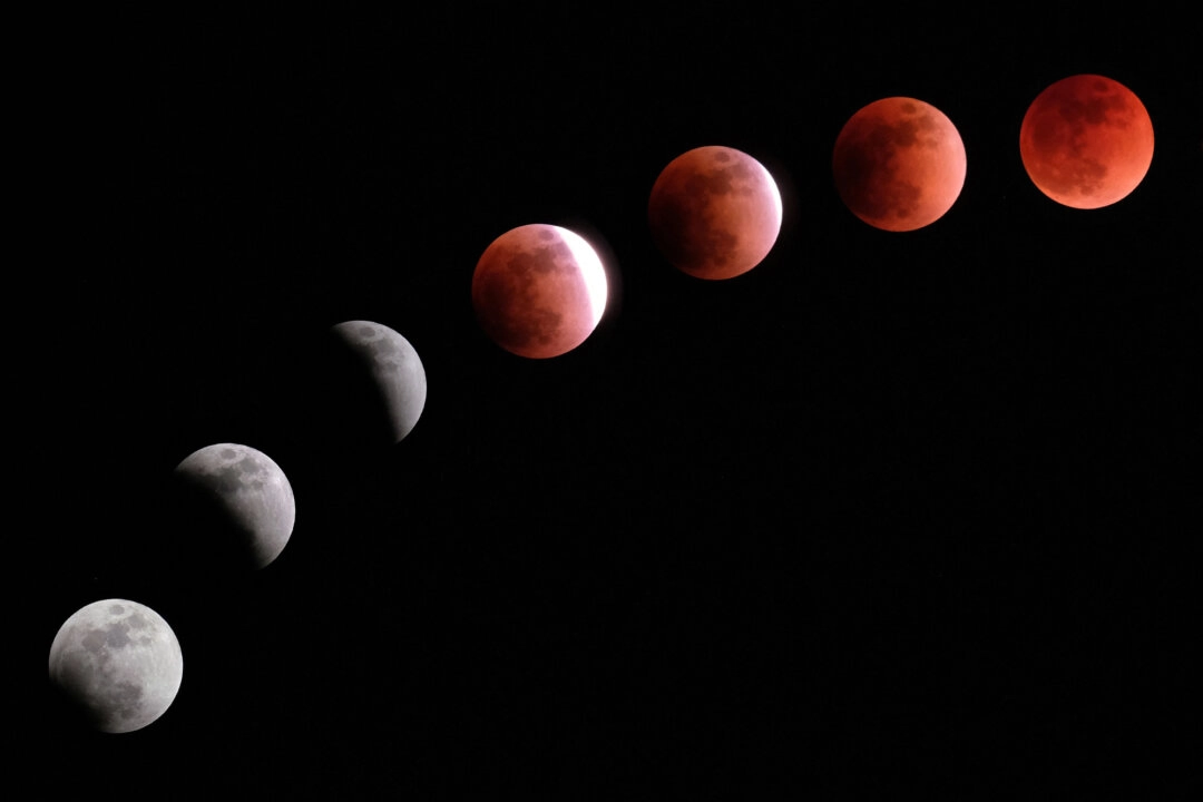 Esta imagen compuesta muestra la luna durante un eclipse lunar en Tokio en 2018. (KAZUHIRO NOGI/AFP vía Getty Images)
