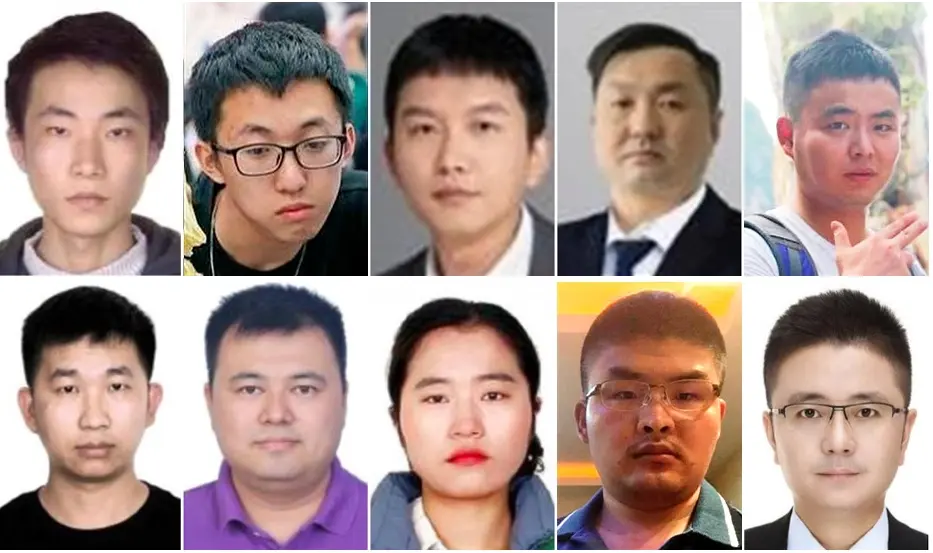 (De izda. a dcha.) Fotografía de ocho empleados de la empresa tecnológica china i-Soon: Wu Haibo, Chen Cheng, Liang Guodong, Ma Li, Wang Yan, Wang Zhe, Zhou Weiwei, Xu Liang, y dos funcionarios del Ministerio de Seguridad Pública, Wang Liyu y Sheng Jing. (FBI)