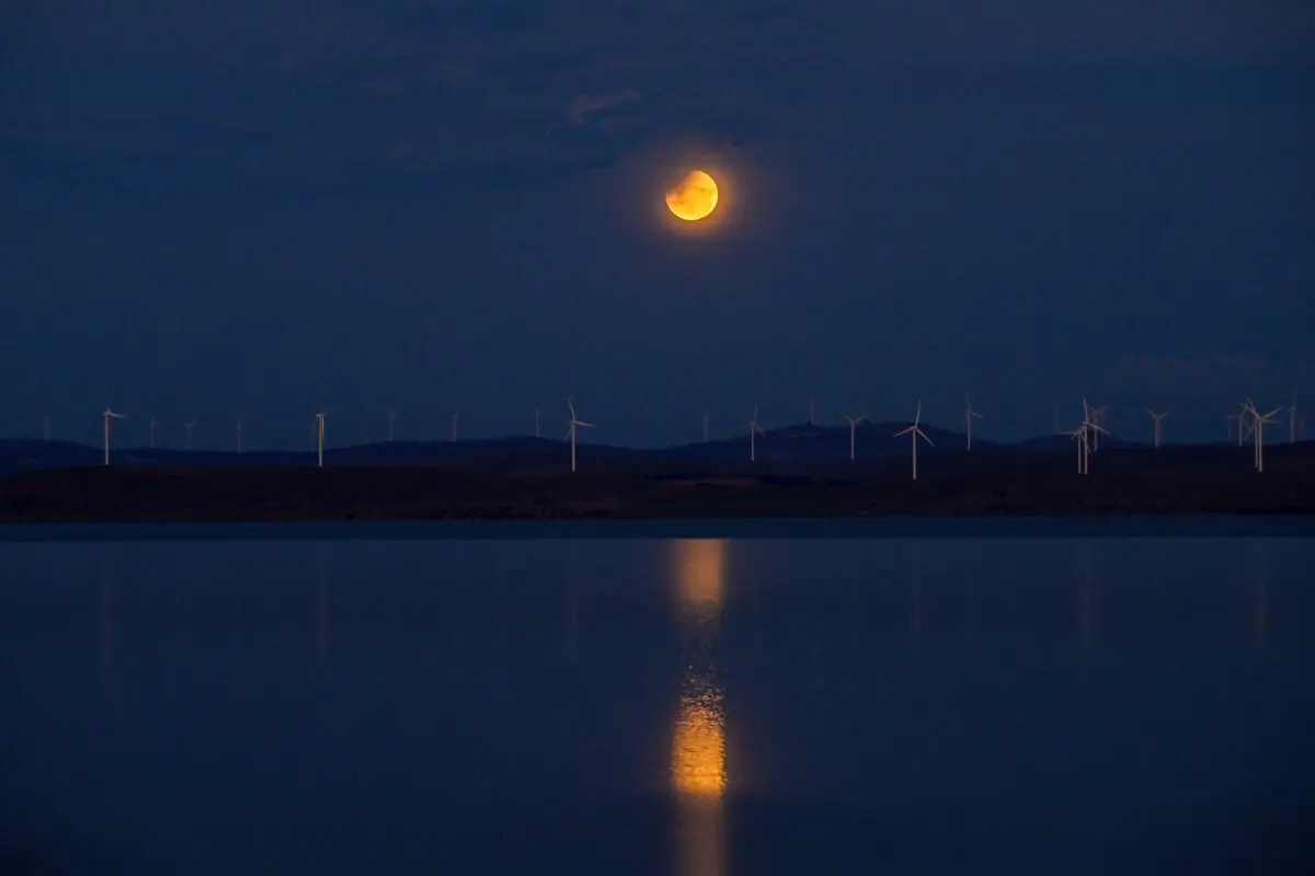 Una luna llena, también conocida como la «Luna de Sangre», durante un eclipse parcial en el cielo sobre el lago George, cerca de Canberra, Australia, el 14 de marzo de 2025. (Izhar Khan/AFP a través de Getty Images)