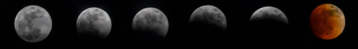 (De izquierda a derecha) La luna llena, también conocida como la «Luna de sangre», durante la progresión de un eclipse lunar vista desde Villa de Leyva, departamento de Boyacá, Colombia, el 14 de marzo de 2025. (Luis Acosta/AFP a través de Getty Images)