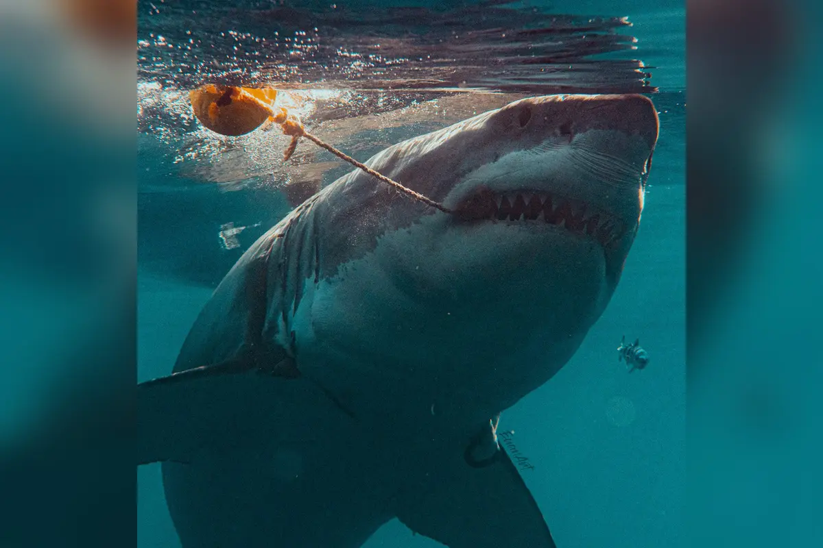 Se observa a un gran tiburón blanco mordiendo el anzuelo con éxito. (Cortesía de <a href="https://www.euanart.com/" target="_blank" rel="noopener">Euan Rannachan</a> )