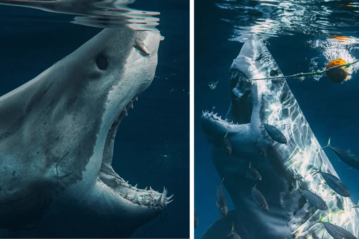 Los tiburones blancos muestran sus afilados dientes al abrirlos de par en par para atrapar el cebo. (Cortesía de <a href="https://www.euanart.com/" target="_blank" rel="noopener">Euan Rannachan</a> )