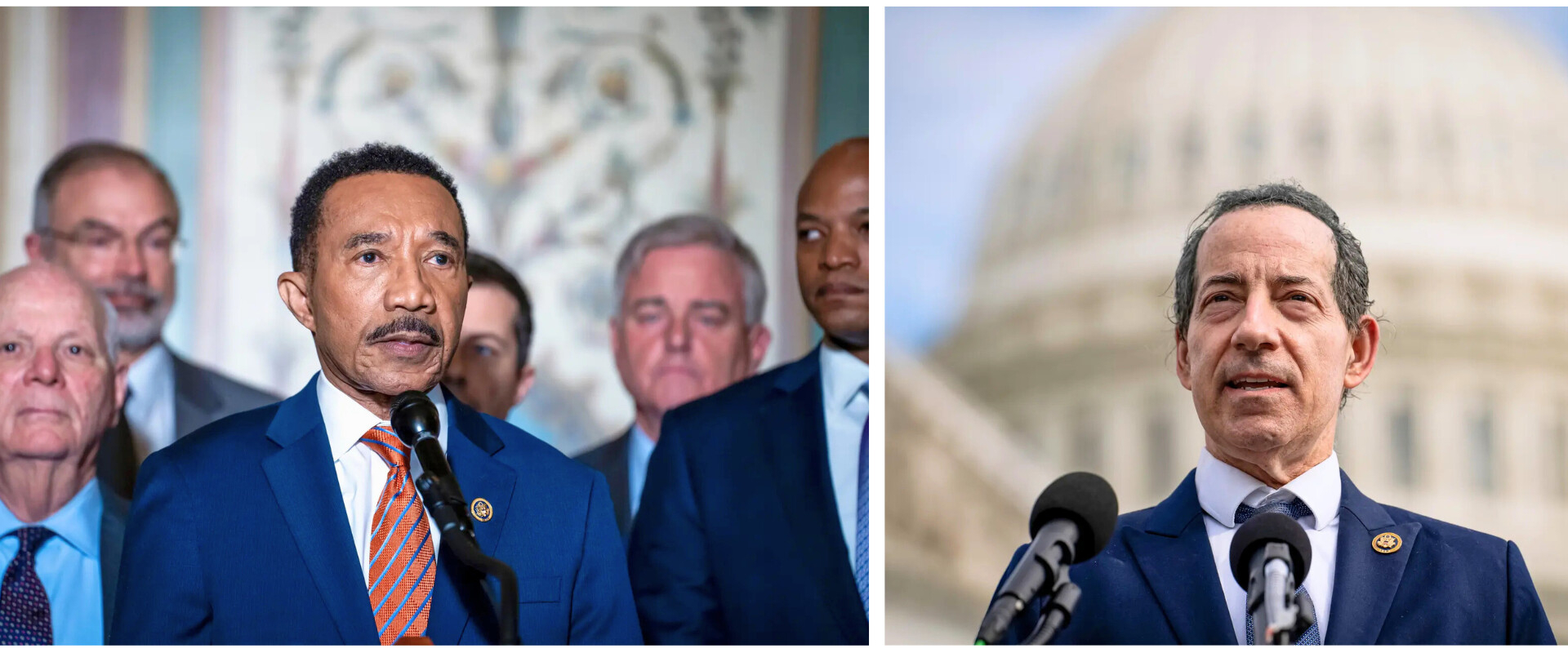 (Izquierda) El representante Kweisi Mfume (D-Md.) habla durante una conferencia de prensa en el Capitolio de los Estados Unidos el 9 de abril de 2024. (Derecha) El representante Jamie Raskin (D-Md.) habla en una rueda de prensa en Washington el 3 de junio de 2024. (Madalina Vasiliu/The Epoch Times)