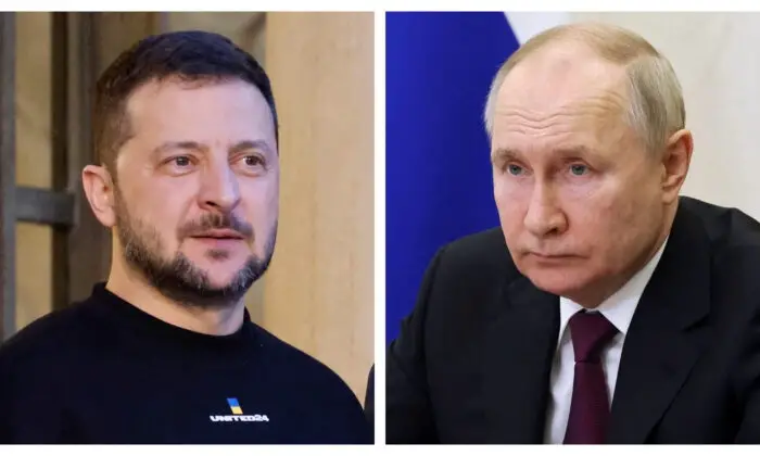 (Izquierda) El presidente ucraniano Volodímir Zelenski en el palacio presidencial del Elíseo en París el 14 de mayo de 2023. (Ludovic Marin/AFP a través de Getty Images); (Derecha) El presidente ruso Vladimir Putin en el Kremlin en Moscú el 17 de mayo de 2023. (Mikhail Klimentyev/Sputnik/AFP a través de Getty Images)