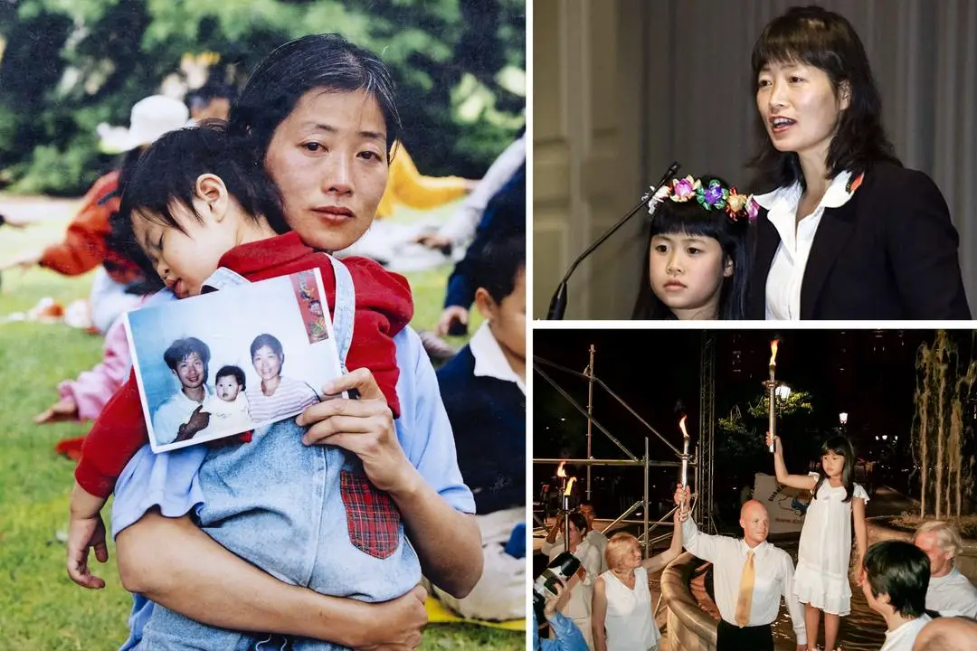 (Izquierda y arriba a la derecha) Dai Zhizhen sostiene a su hija, Chen Fadu. Chen Changyong, practicante de Falun Gong, fue perseguido por el Partido Comunista Chino. (Abajo a la derecha) Chen Fadu (derecha) participa en un evento en el que el medallista olímpico Martins Rubenis expresa su desprecio por el régimen chino por ser sede de los Juegos de 2022, durante una entrevista con los medios de comunicación letones. (Samira Bouaou/The Epoch Times, Minghui, cortesía de Jan Becker)