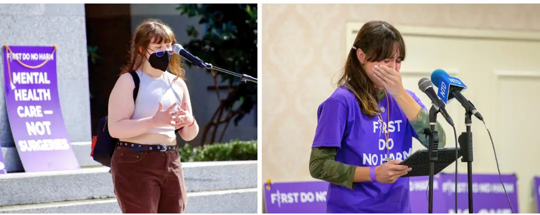 (Izquierda) Layla Jane habla en una manifestación del Día de Concienciación sobre la Des-transición en Sacramento, California, el 10 de marzo de 2023. (Derecha) Chloe Cole comparte entre lágrimas su experiencia de des-transición en Anaheim, California, el 8 de octubre de 2022. (Cortesía de Pamela Garfield-Jaeger, John Fredricks/The Epoch Times).