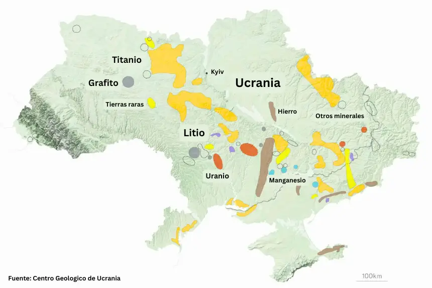 Un mapa muestra varios recursos minerales en toda Ucrania a lo largo de la actual línea del frente de la ocupación rusa, como se ve en esta imagen fija. Alrededor del 20 por ciento de los recursos minerales de Ucrania, incluida aproximadamente la mitad de sus depósitos de tierras raras, se encuentran en áreas bajo ocupación rusa. (Servicio Geológico Ucraniano/Captura de pantalla vía The Epoch Times)
