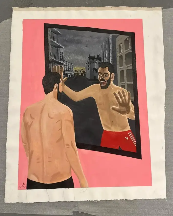 El cuadro titulado «El otro lado del espejo», creado por Andrei Kozlov tras su liberación como rehén de Hamás, se prepara para su exposición en una muestra itinerante que se inaugurará en Nueva York en mayo. (Cortesía de Emanuel Friedman, Lux Contemporary)