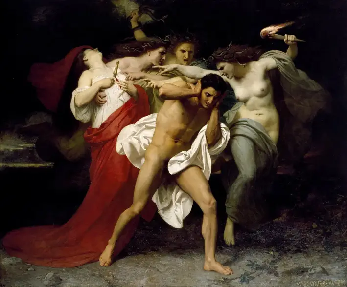 «Orestes perseguido por las Furias», 1862, de William-Adolphe Bouguereau. Óleo sobre lienzo; 211,5 cm x 277,5 cm. Museo de Arte Chrysler, Norfolk, Virginia (dominio público)