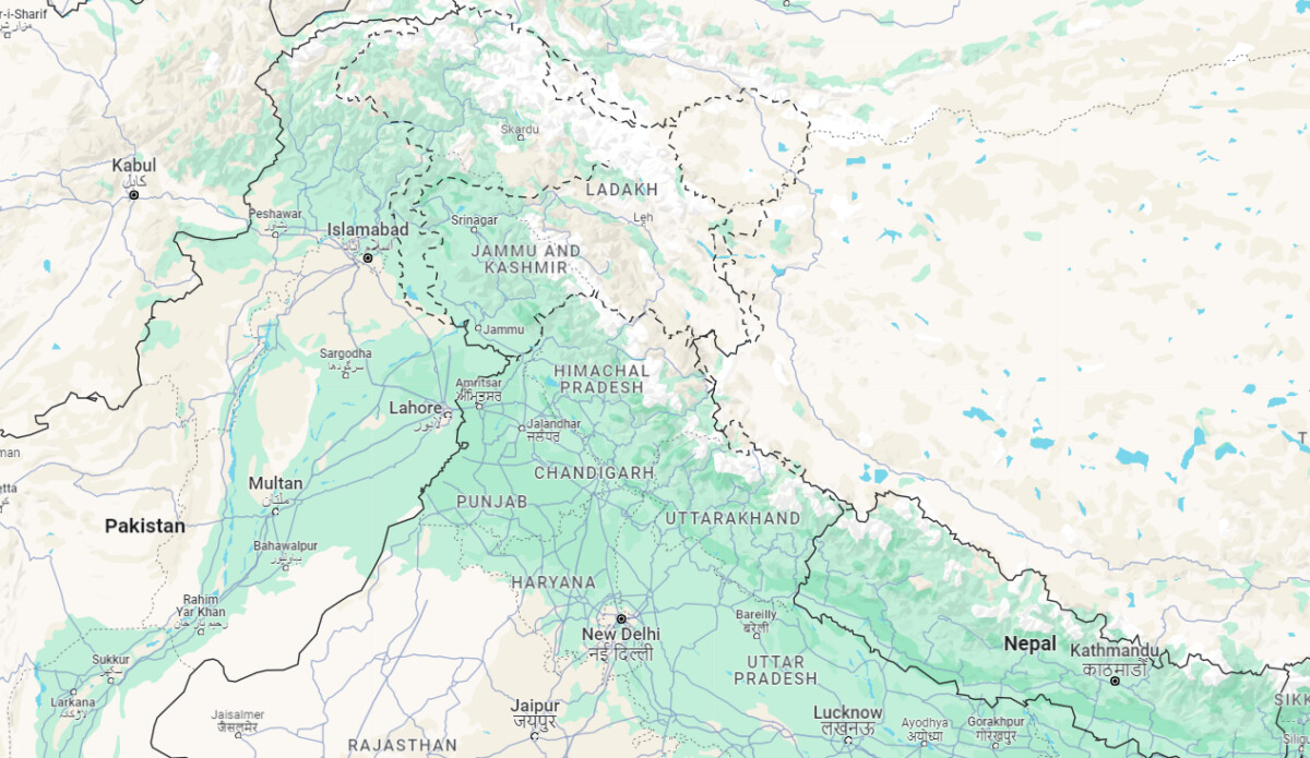 Un mapa de Google muestra la ubicación de la región de Cachemira controlada por India el 15 de noviembre de 2023. (Google Maps/Captura de pantalla vía The Epoch Times).