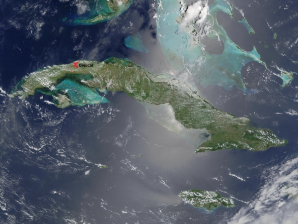 Una imagen satelital de Cuba tomada desde el espacio, donde se aproxima la ubicación de Bujacal. (Crédito: NASA)