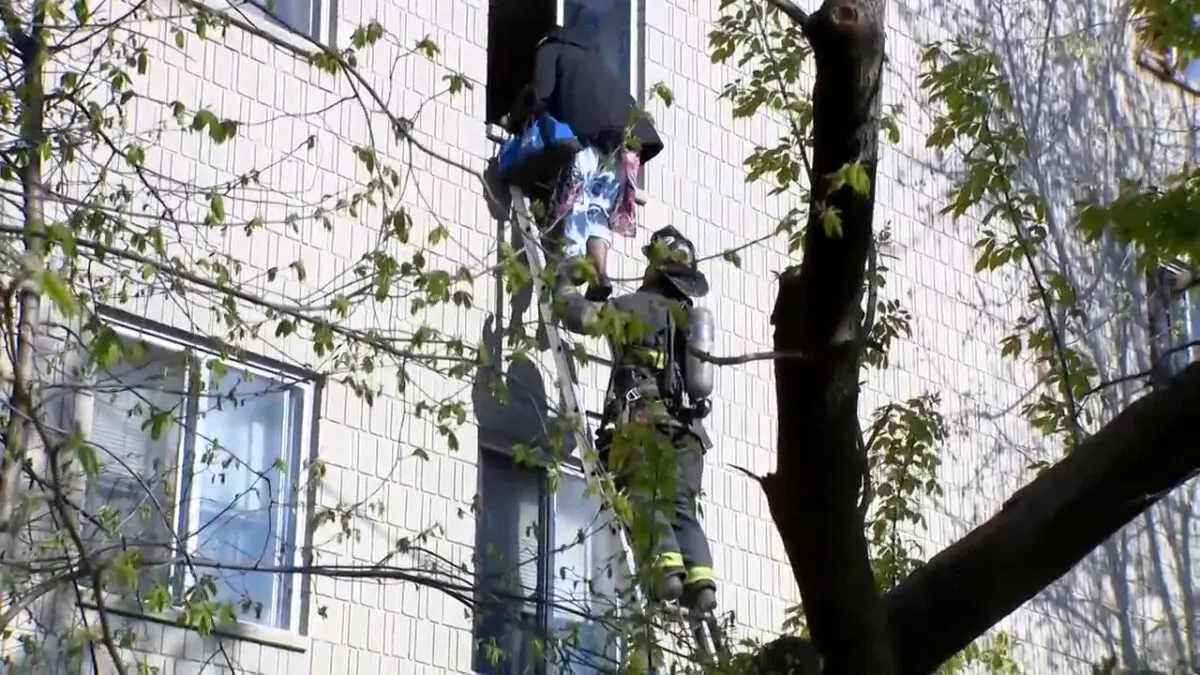 Un bombero en una escalera ayuda a una persona a salir por la ventana en el lugar de un incendio en un edificio de apartamentos en Milwaukee, Wisconsin, el 11 de mayo de 2025, en una imagen fija de un vídeo. (WISN vía AP).
