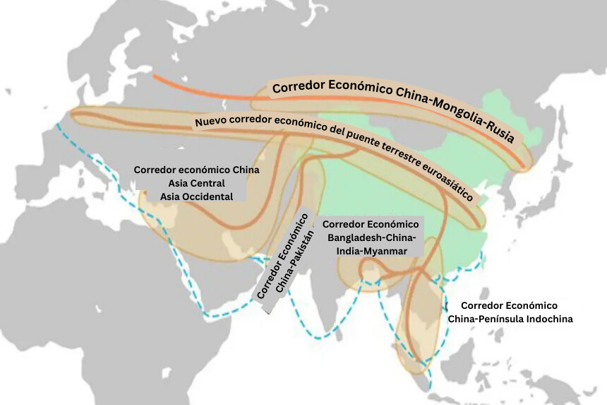 El mapa anterior muestra los corredores económicos de la iniciativa "Un cinturón, una ruta" de Beijing. (Sitio web del gobierno de HKTDC).