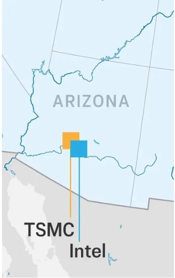 Un mapa muestra los complejos fabriles de TSMC e Intel en Arizona, que fabrican chips en nodos de 5 nm y más recientes. (Ilustración de The Epoch Times)