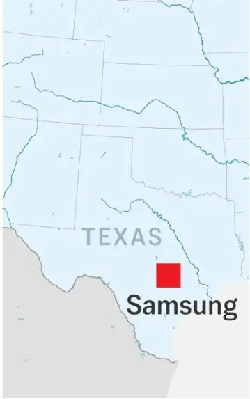 Un mapa muestra la ubicación en Texas de los complejos fabriles de Samsung que fabrican chips en nodos de 5 nm y más recientes. (Ilustración de The Epoch Times)