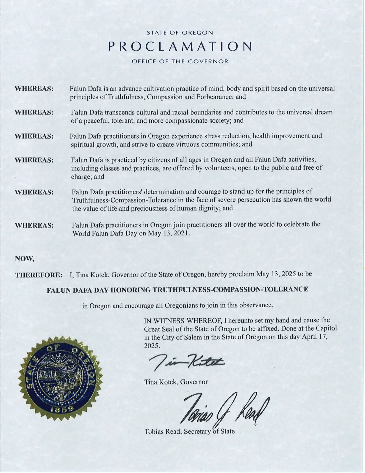 Proclamación conmemorativa del Día Mundial de Falun Dafa emitida por la gobernadora de Oregón, Tina Kotek. (Cortesía de Minghui.org)