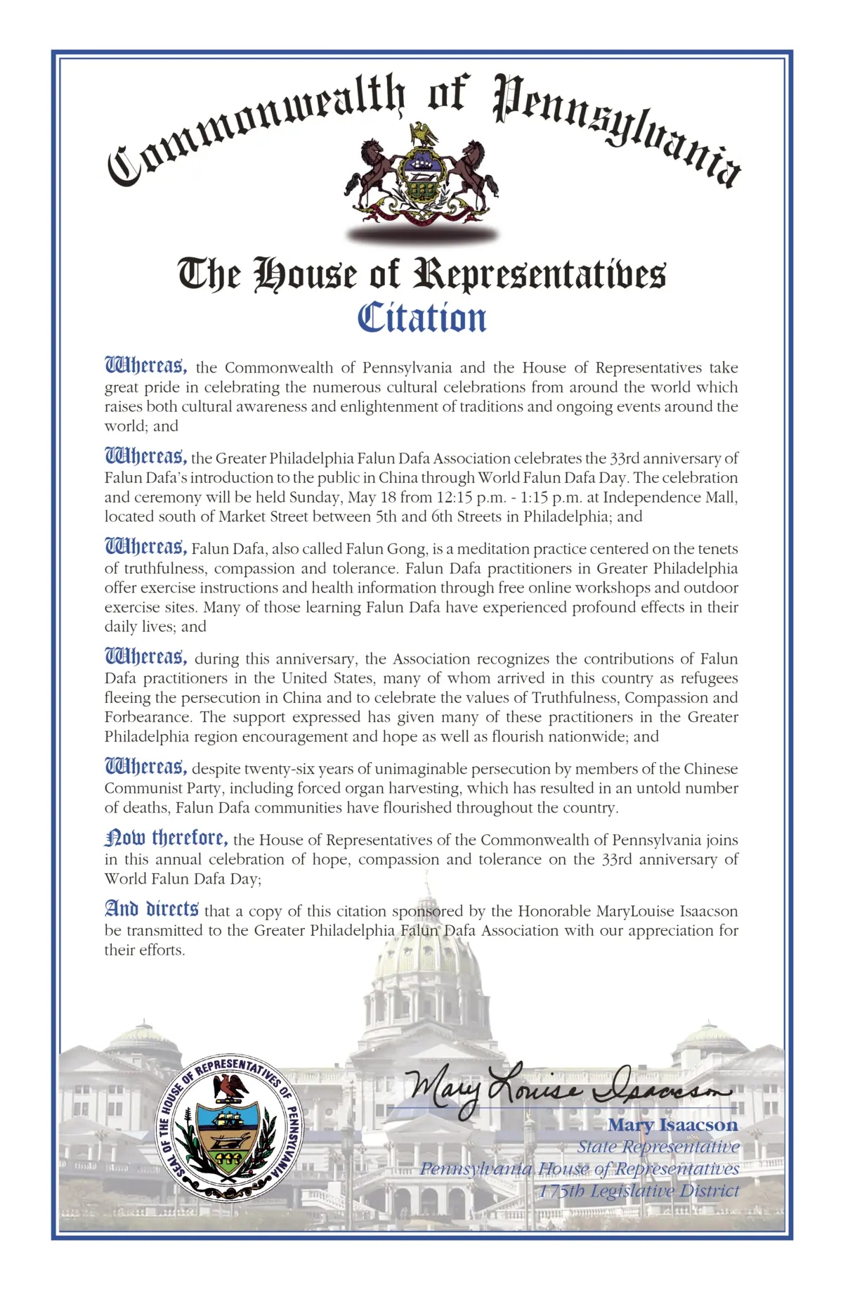 Cita conmemorativa del Día Mundial de Falun Dafa emitida por la senadora de Pensilvania, Mary Isaacson. (The Epoch Times)