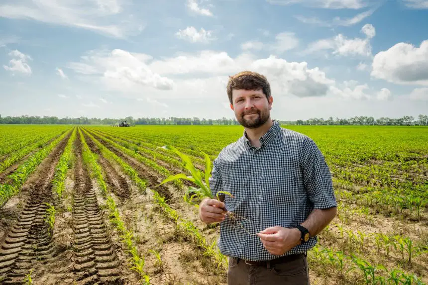 William Mencer, que trabaja en la granja familiar de cuarta generación, Mencer Farms, en Lake Village, Arkansas, el 29 de abril de 2025. Se asoció con su padre para mantener la granja en funcionamiento con la ayuda de trabajadores agrícolas temporales a través del programa de visados H-2A. (Samira Bouaou/The Epoch Times)