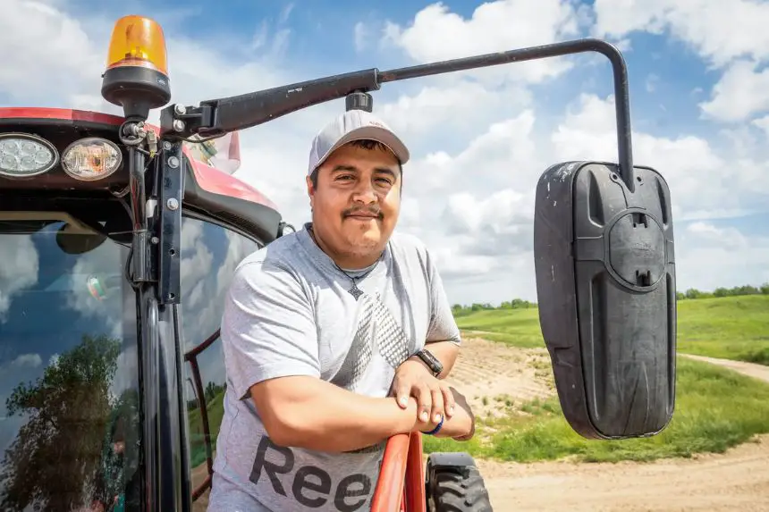 (Arriba) José Delores Mondragón, titular de una green card, maneja un tractor en Mencer Farms, en Lake Village, Arkansas, el 29 de abril de 2025. (Abajo) Gabino Mondragón, titular de un visado agrícola H-2A de México, trabaja en Mencer Farms, en Lake Village, Arkansas, el 29 de abril de 2025. (Samira Bouaou/The Epoch Times)