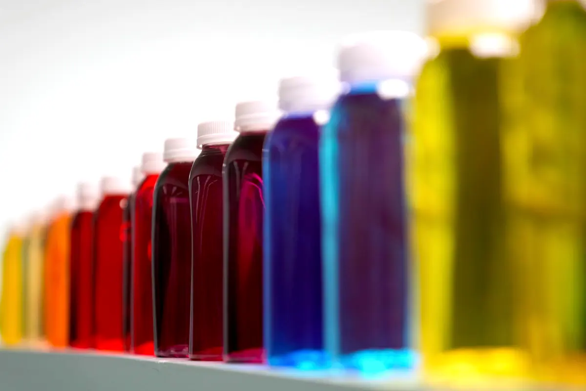 Botellas que contienen una variedad de líquidos de colores se encuentran en una estantería en un laboratorio de Sensient Technologies Corp., una empresa de fabricación de aditivos colorantes, en St. Louis, el 2 de abril de 2025. (Jeff Roberson/AP Photo).