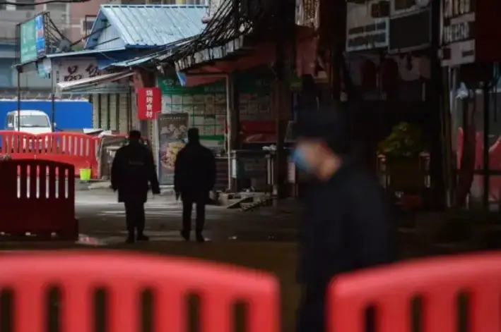 Guardias de seguridad patrullan fuera del mercado mayorista de marisco de Huanan, donde se detectó el coronavirus en Wuhan, provincia de Hubei, China, el 24 de enero de 2020. (Héctor Retamal/AFP a través de Getty Images)
