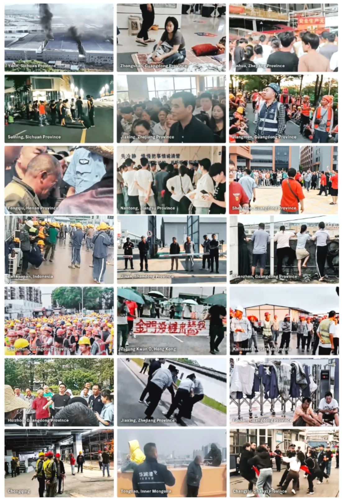 En esta imagen collage, trabajadores de diversos sectores de China protestan en diferentes regiones, como Mongolia Interior, Hong Kong y las provincias de Sichuan, Guangdong, Zhejiang, Henan, Jiangsu, Shandong, Chongqing y Shanxi, en abril y principios de mayo, para reclamar el pago de salarios y prestaciones atrasados. (Captura de pantalla vía The Epoch Times, cortesía de yesterdayprotests.com)