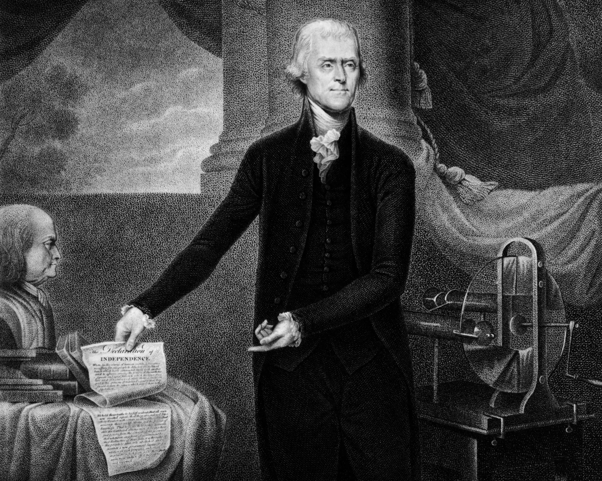 Thomas Jefferson, tercer presidente de los Estados Unidos y uno de los principales autores de la Declaración de Independencia, aparece retratado en esta obra original de Rembrandt Peale. Jefferson fue el primer presidente en utilizar la retención presidencial, una práctica por la que el presidente se niega a gastar los fondos asignados por el Congreso. (MPI/Getty Images)
