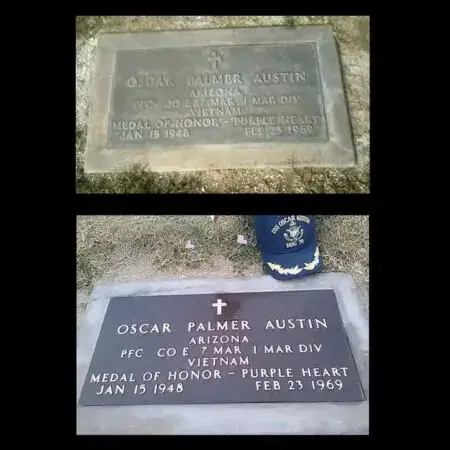 Imágenes del antes y el después de una placa funeraria de bronce para un veterano. (Cortesía de Tom Pawlak)