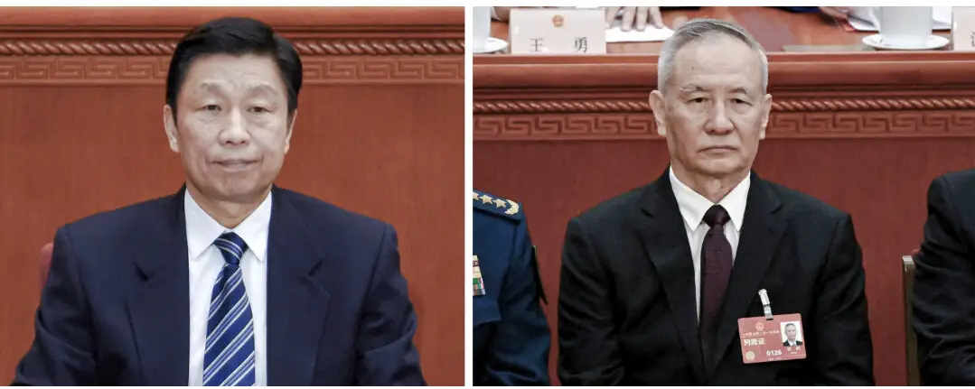 (Arriba) El embajador de China en Estados Unidos, Xie Feng, pronuncia el discurso de apertura en la Conferencia sobre China de la Harvard Kennedy School en Cambridge, Massachusetts, el 20 de abril de 2024. (Abajo a la izquierda) El vicepresidente chino Li Yuanchao asiste a la sesión inaugural de la Conferencia Consultiva Política del Pueblo Chino en el Gran Salón del Pueblo en Beijing el 3 de marzo de 2015. (Abajo a la derecha) El exviceprimer ministro Liu He asiste a la sesión de clausura de la Asamblea Popular Nacional en el Gran Salón del Pueblo en Beijing el 13 de marzo de 2023. (Learner Liu/The Epoch Times, Wang Zhao/AFP vía Getty Images, Noel Celis/POOL/AFP vía Getty Images).