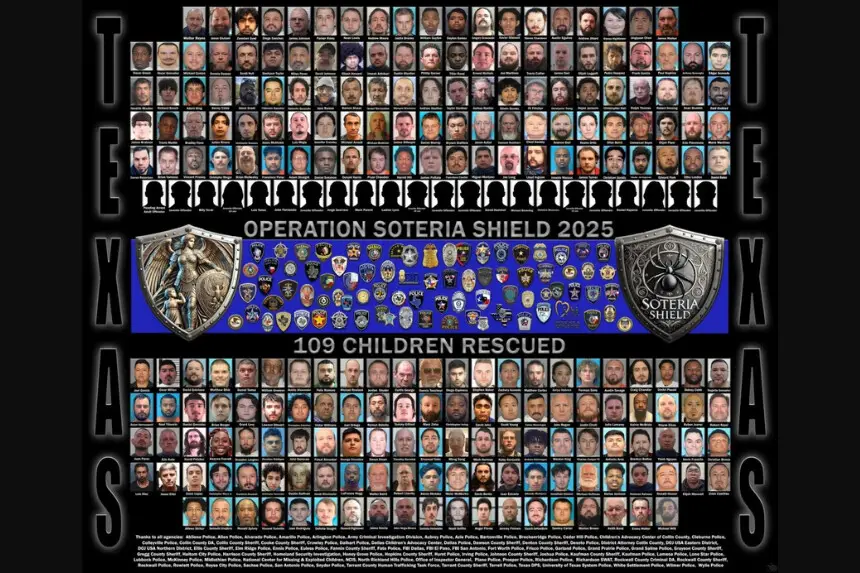 Cartel con la imagen de los acusados detenidos en la Operación Soteria Shield, dirigida contra personas que presuntamente utilizaban Internet para intentar victimizar a menores. (FBI Texas a través de X).