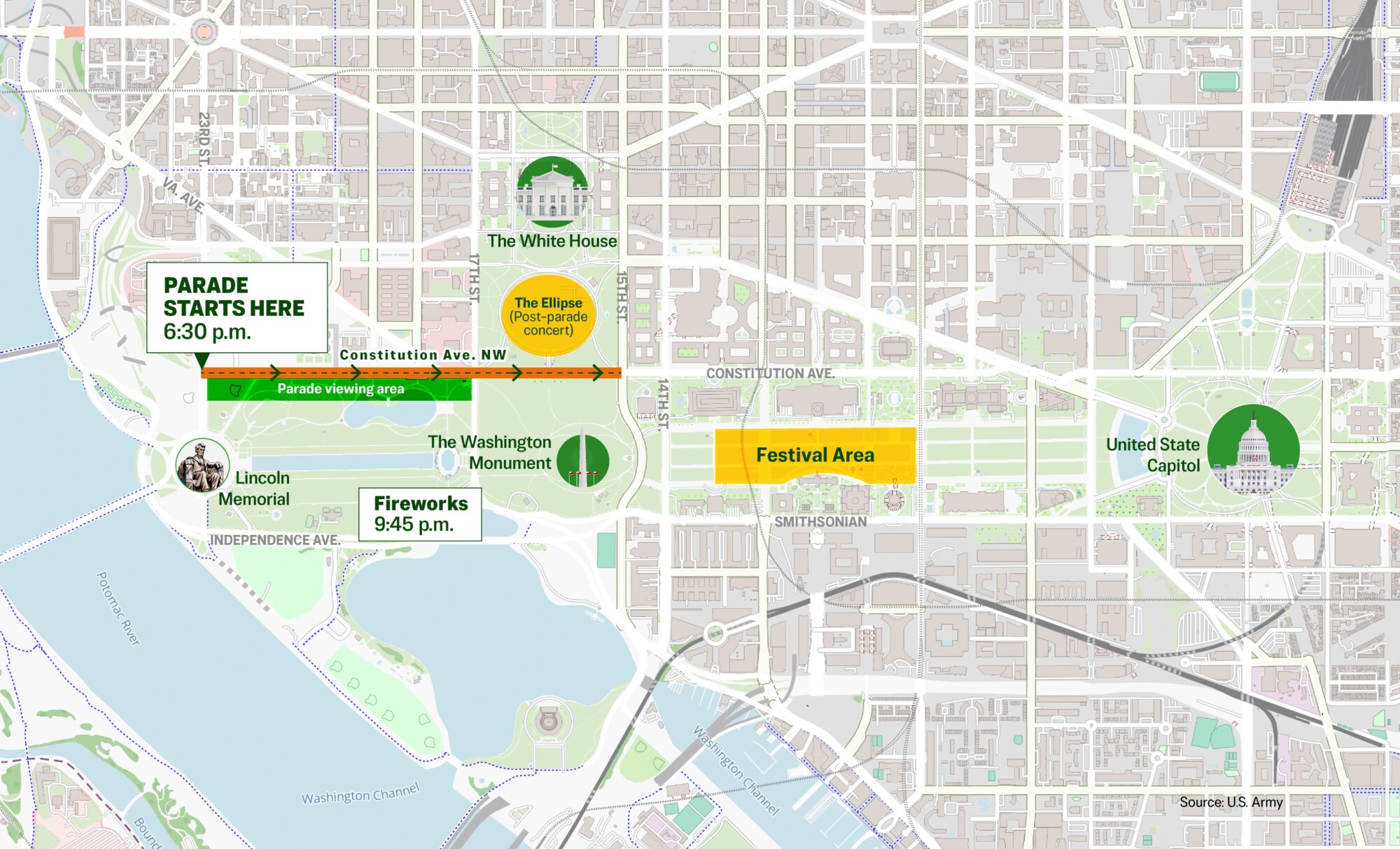 Mapa que muestra el recorrido del desfile y la ubicación de los eventos destacados que celebrarán el 250.º aniversario del Ejército de Estados Unidos en Washington el 14 de junio de 2025. (Ilustración de The Epoch Times, MapTiler, Getty Images y Pngtree).