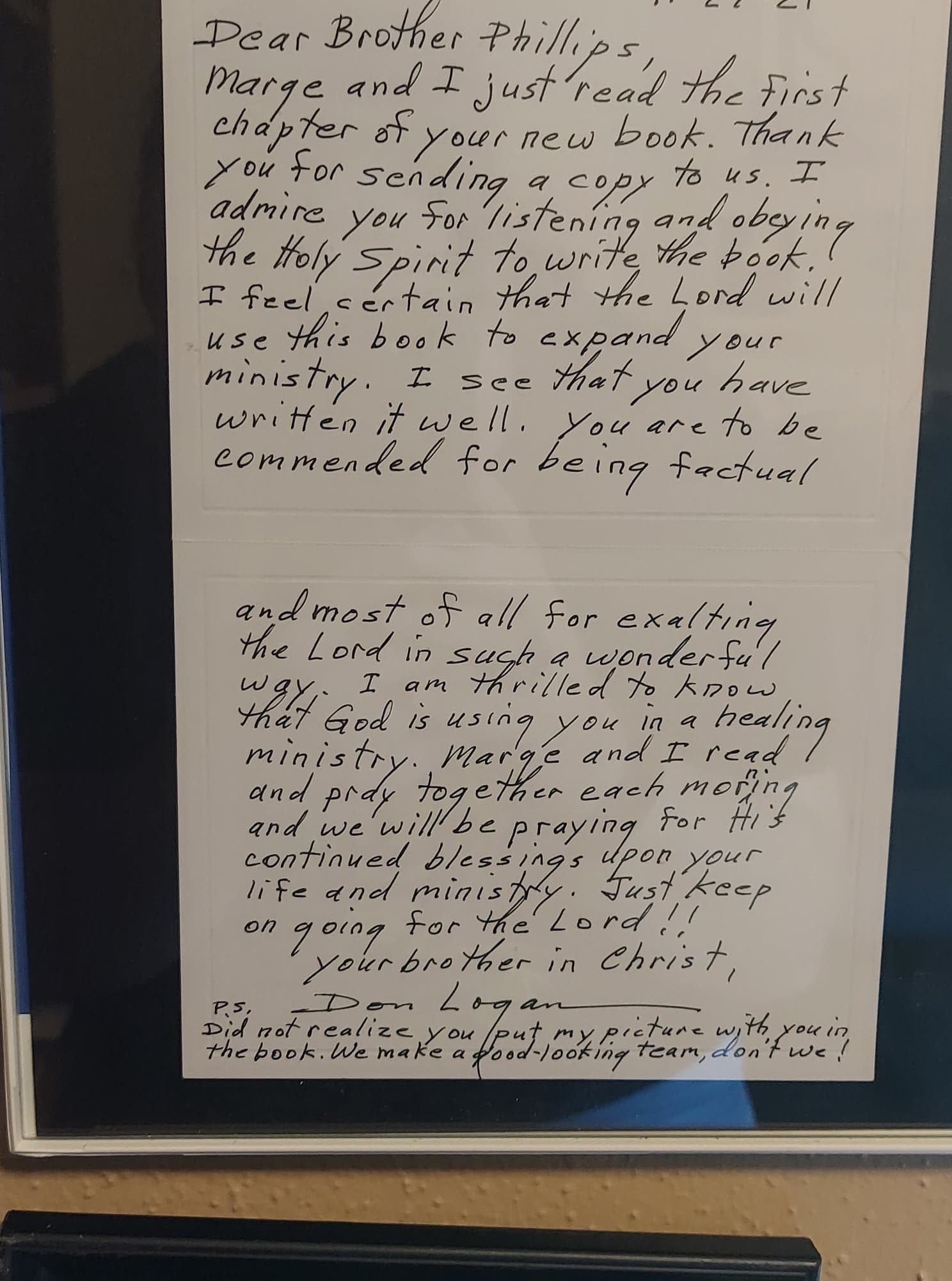 Una carta de agradecimiento de Don Logan. (Cortesía de Jacob Phillips)