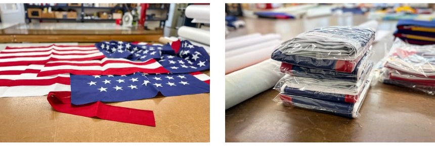 (Arriba) Artie Schaller III, presidente de la compañía National Flag , y su madre, Cindy Schaller, en la compañía National Flag en Cincinnati el 6 de junio de 2025. Los Schaller llevan fabricando banderas desde 1903. (Abajo a la izquierda) Banderas estadounidenses se unen en la compañía National Flag en Cincinnati el 6 de junio de 2025. (Abajo a la derecha) Banderas en la compañía National Flag en Cincinnati el 6 de junio de 2025. (Nathan Worcester/The Epoch Times)