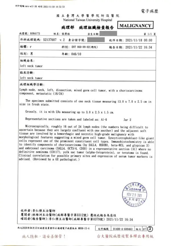 Historial médico del Sr. Chang sobre el nivel del marcador tumoral beta-HCG. (Foto cortesía de Brian Chang)