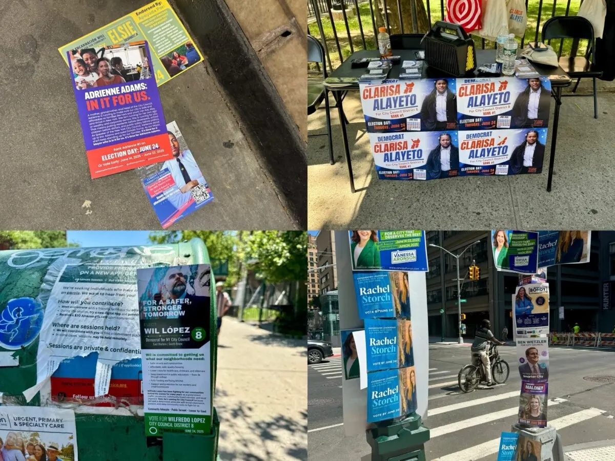 Carteles de campaña de varios candidatos colocados en espacios públicos de la ciudad de Nueva York el día de las elecciones primarias, el 24 de junio de 2025. (Arjun Singh/The Epoch Times)