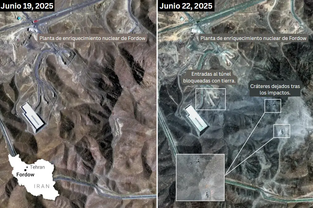 Antes y después del bombardeo estadounidense del 21 de junio contra la planta de enriquecimiento de uranio de Fordow, al norte de Qom, Irán. (Ilustración de The Epoch Times, Reuters, Shutterstock).