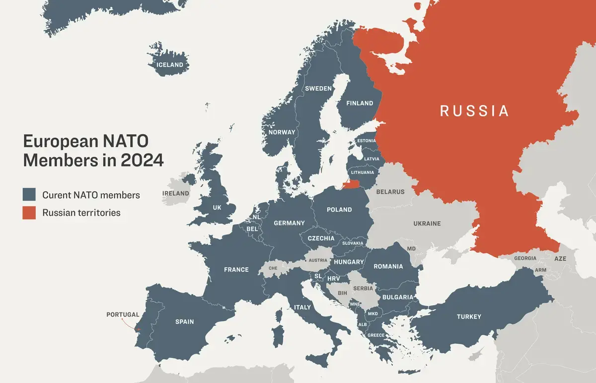 Un mapa muestra Europa tras la adhesión de Finlandia y Suecia a la OTAN, en 2024. (Ilustración de The Epoch Times)