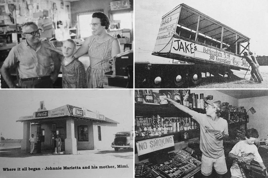 En 1938, el abuelo Johnny y la abuela [Helen] Marietta comenzaron a vender fuegos artificiales en un puesto detrás de su casa en Pittsburg, Kansas. Desde entonces, Jake's Fireworks se ha convertido en uno de los principales importadores y distribuidores de fuegos artificiales para el consumidor. (Cortesía de Jake's Fireworks)