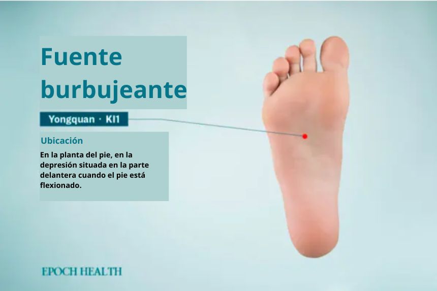 Ubicación del punto de acupuntura Yongquan. (The Epoch Times)