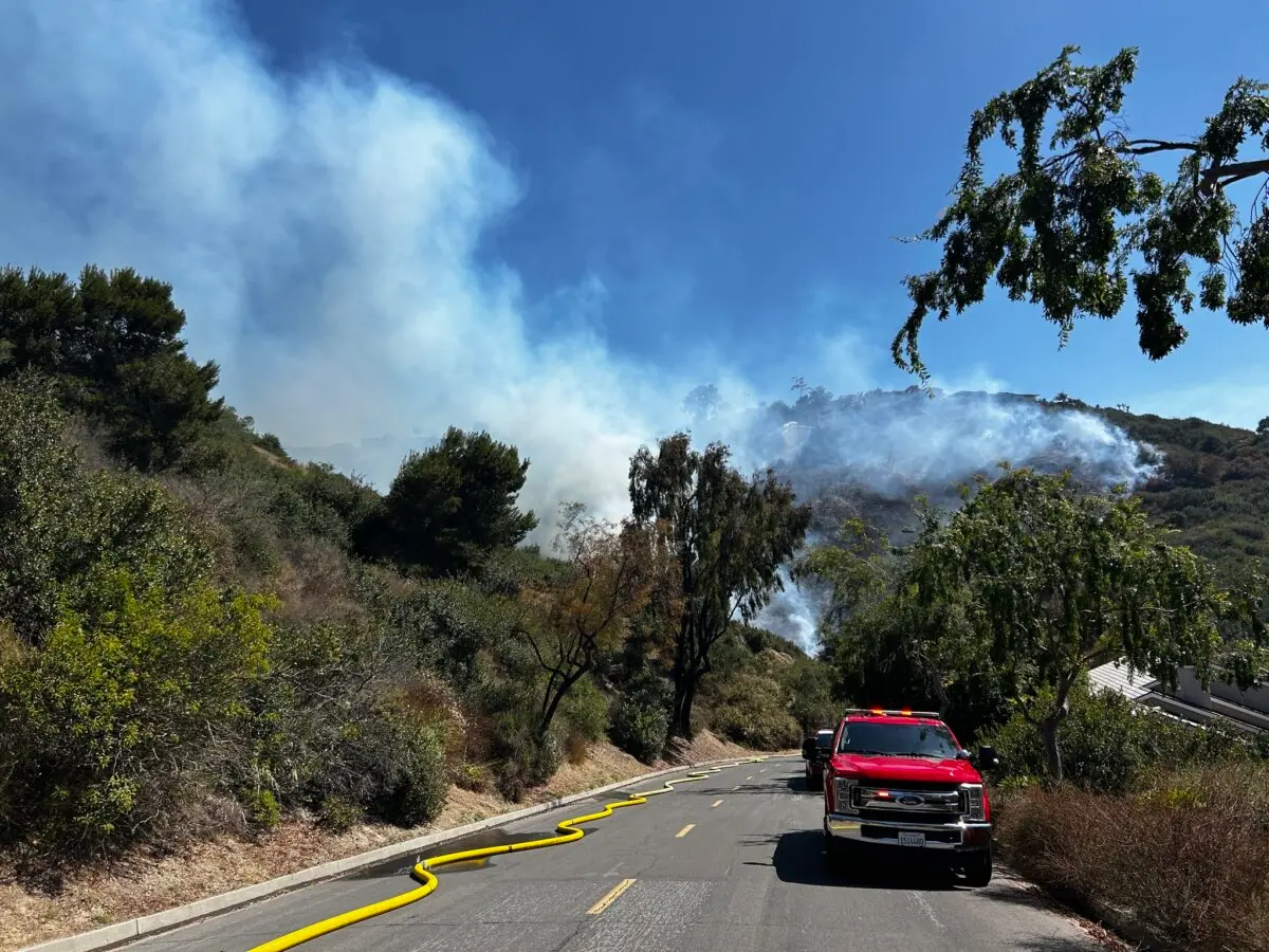 Los equipos luchan contra un incendio en una ladera presuntamente provocado por fuegos artificiales en Laguna Beach, California, el 7 de julio de 2025. (Departamento de Bomberos de Laguna Beach).