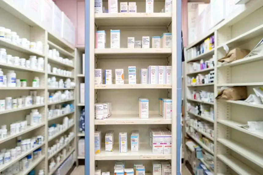 Medicamentos almacenados en los estantes de una farmacia de Los Ángeles el 12 de mayo de 2025. (Eric Thayer/Getty Images)