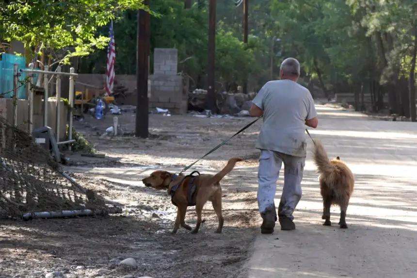 Un hombre pasea a sus dos perros por un parque de casas rodantes destruido por una inundación de 20 pies el 9 de julio de 2025. (Allan Stein/The Epoch Times)