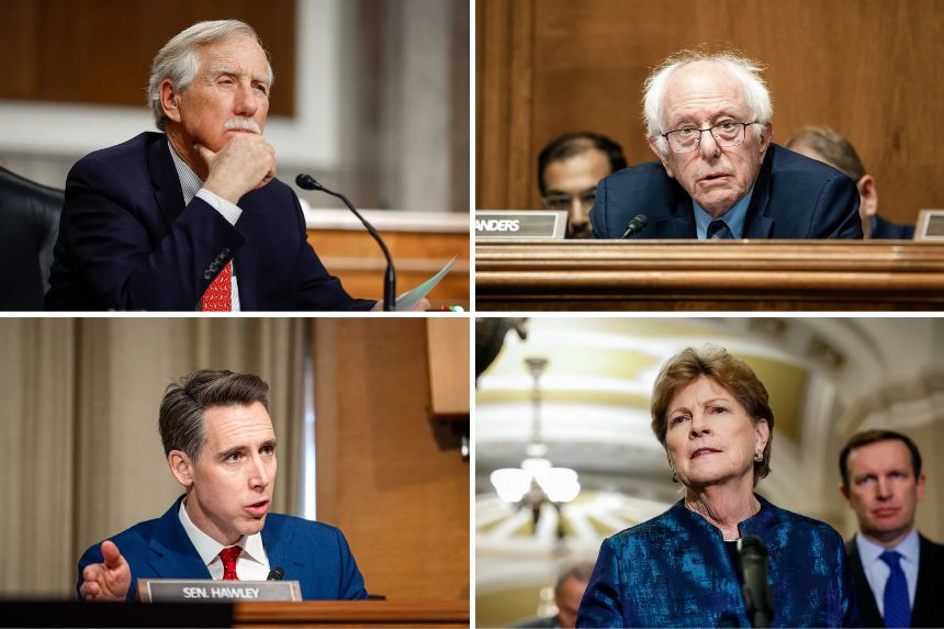 <span dir="auto">(Arriba a la izquierda) El senador Angus King (I-Maine) escucha testimonio en el Capitolio en Washington el 27 de abril de 2022. King y el senador Bernie Sanders (I-Vt.) presentaron la Ley para Poner Fin a los Anuncios de Medicamentos Recetados Ahora para clasificar todos los anuncios de medicamentos directos al consumidor como etiquetado incorrecto, prohibiéndolos efectivamente. (Arriba a la derecha) El senador Bernie Sanders (I-Vt.) habla durante una audiencia en el Capitolio en Washington el 14 de mayo de 2025. (Abajo a la izquierda) El senador Josh Hawley (R-Miss.) habla durante una audiencia de confirmación en el Capitolio en Washington el 13 de febrero de 2025. (Abajo a la derecha) La senadora Jeanne Shaheen (DN.H.) habla en una conferencia de prensa en el Capitolio de los EE. UU. el 19 de septiembre de 2023. En mayo, Hawley y Shaheen presentaron la Ley de No Donaciones para Anuncios de Medicamentos. (</span><span class="post_caption_credit"><span dir="auto">Chip Somodevilla/Getty Images, Madalina Vasiliu/The Epoch Times, Anna Moneymaker/Getty Images)</span></span>