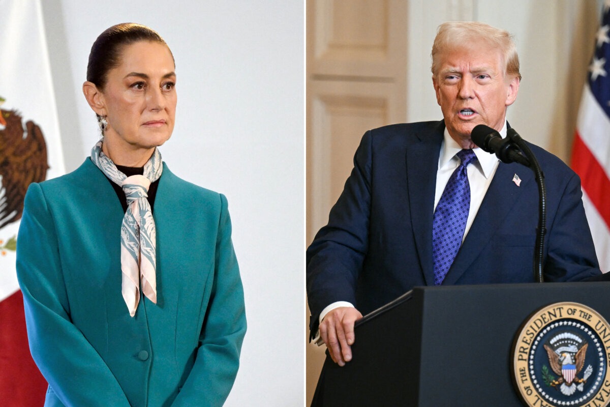 (Izquierda) La presidenta mexicana Claudia Sheinbaum escucha una pregunta durante su rueda de prensa diaria en el Palacio Nacional de Ciudad de México el 6 de noviembre de 2024; (Derecha) El presidente estadounidense Donald Trump habla en el Salón Este de la Casa Blanca en Washington el 29 de enero de 2025. (Alfredo Estrella, Pedro Ugarte/AFP vía Getty Images).