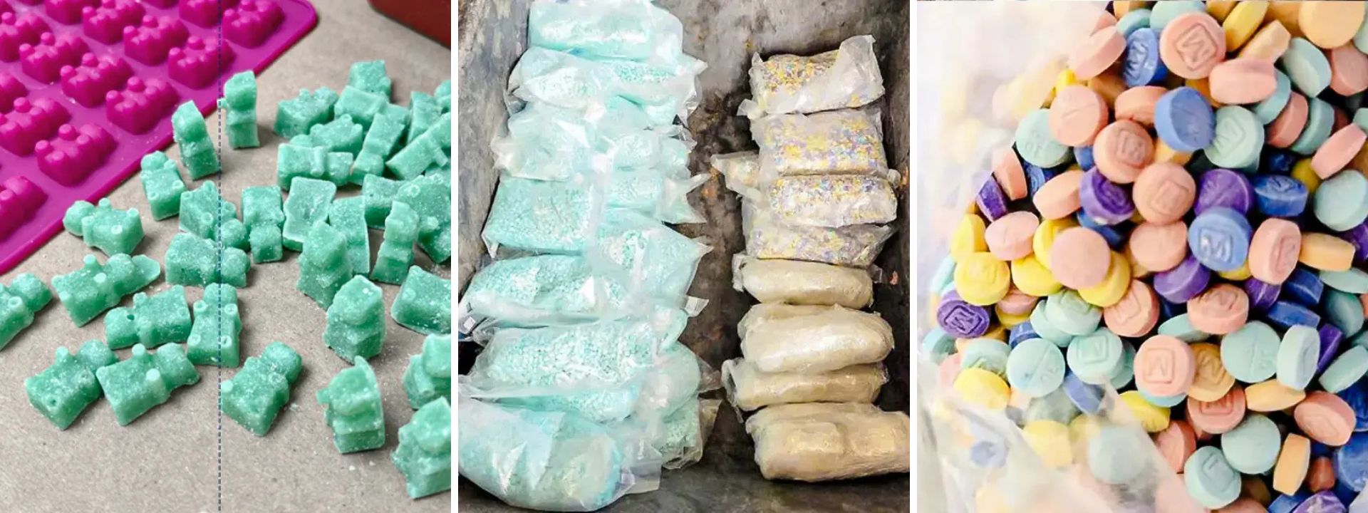 (Izquierda) La policía incauta una nueva variedad de fentanilo durante un reciente operativo antidrogas, que había sido moldeada en forma de osito de goma en Lethbridge, Canadá. (Centro y derecha) La Oficina de Aduanas y Protección Fronteriza (CBP) incauta aproximadamente 47,000 pastillas de fentanilo de colores del arcoíris, 186,000 pastillas de fentanilo azul y 3.9 kg de metanfetamina ocultas en el compartimento inferior de un vehículo en el puerto de entrada de la frontera entre Estados Unidos y México en Nogales, Arizona, el 3 de septiembre de 2022. (Servicio de Policía de Lethbridge, CBP)