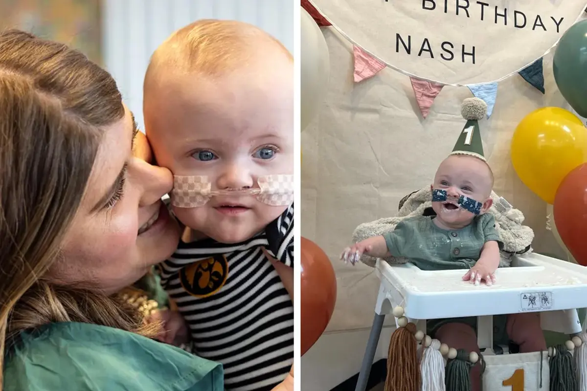 (Izquierda) Nash y su madre, Mollie Keen; (Derecha) Nash celebra su primer cumpleaños. (Cortesía de University of Iowa Health Care).